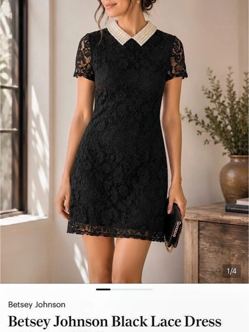 Betsey Johnson Black Lace Dress with Pearl Collar Floral Mini Dress in Black &